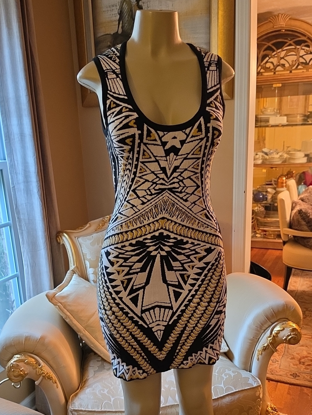 Sleeveless Black and Cream Geometric Bodycon Dress